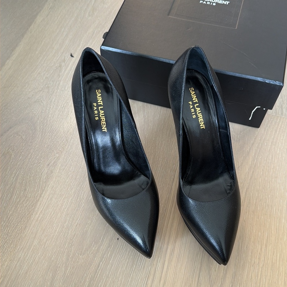 Saint Laurent Black Leather Pointed Stiletto Platform Pumps - Picture 3 of 5